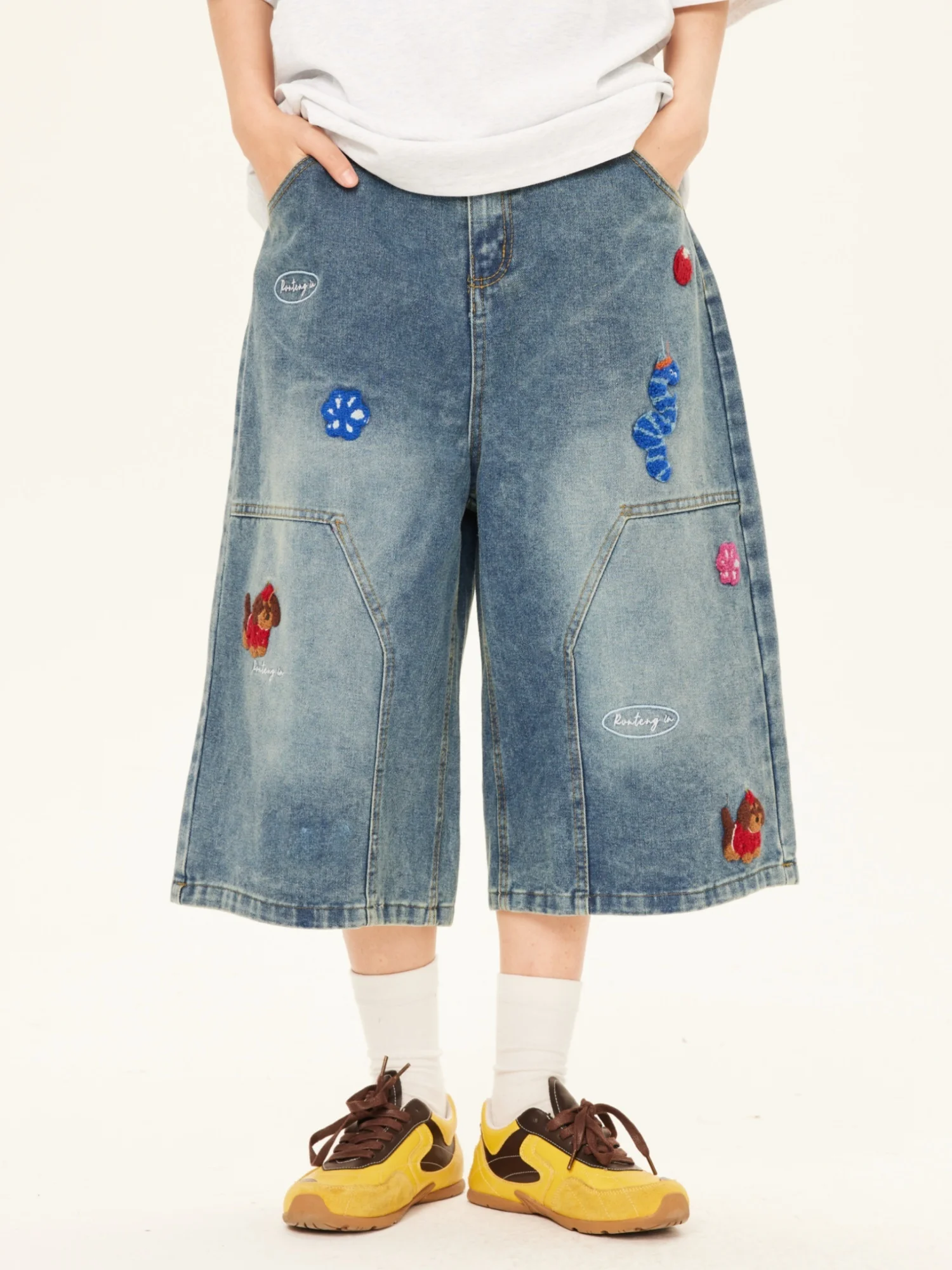

adow Pl Fun Dog Embroidery Distred Denim Seven-eighths Length Loose Fit Trendy Brand Five-eighths Length orts for ...