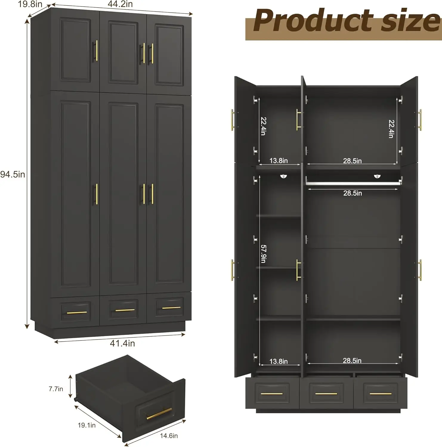 Large Armoire Wardrobe Closet Cabinet With Drawers And Led Lights, Multi-Tier Shelves, Hanging Rod, Large Capacity Storage 3