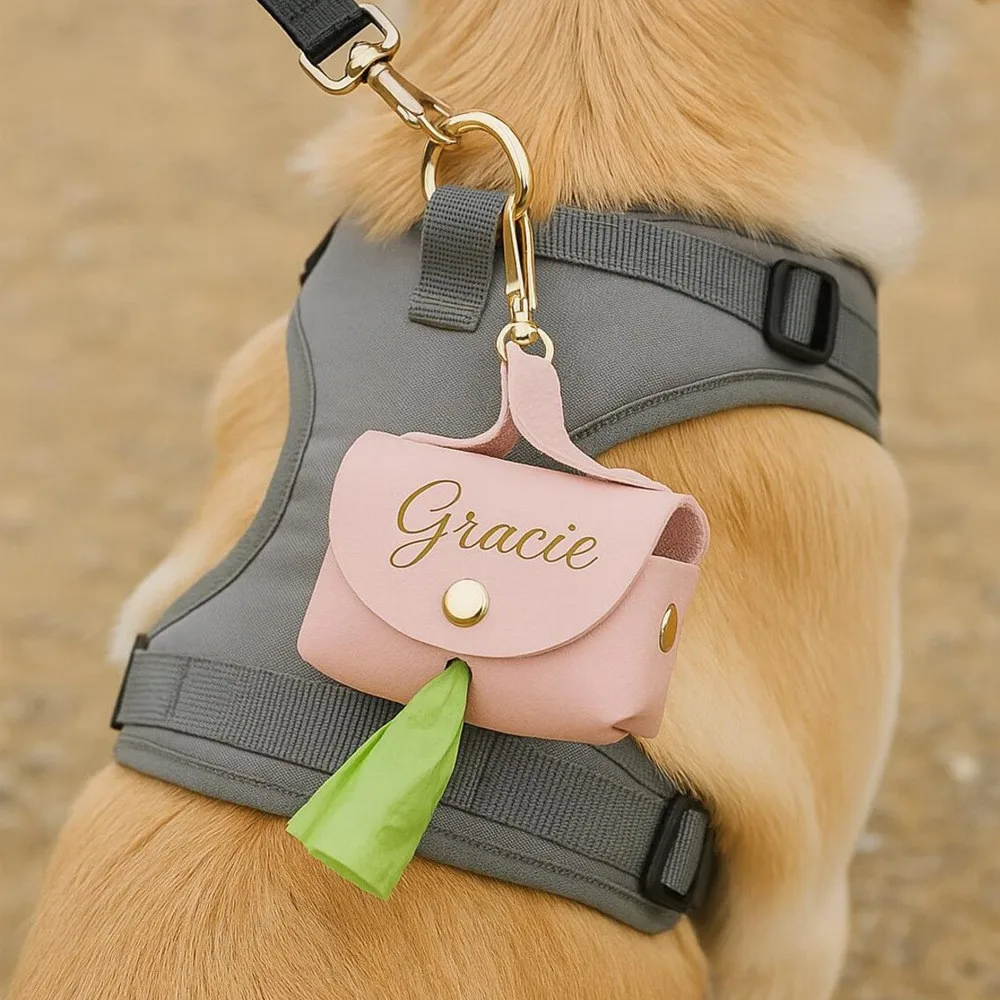 Custom Name PU Leather Pet Poop Bag Holder Portable Waste Bag Dispenser Cute Collar Pendant Outdoor Travel Pet Daily Accessory