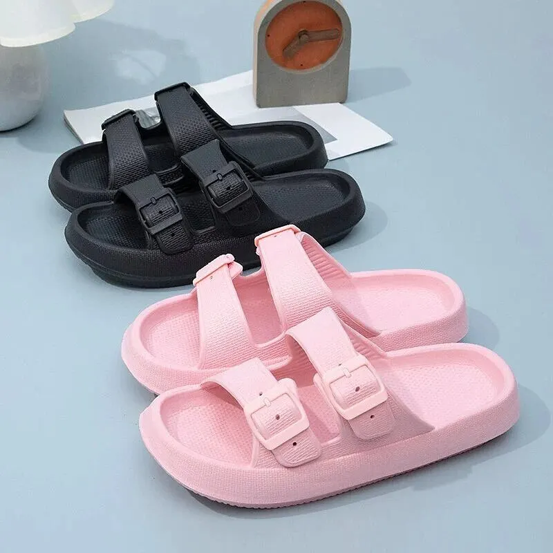 Summer Slippers Double Buckle Slide Sandals Women Couple Home Slides EVA Thick Sole Light Weight Flip Flops Bothe Shower Shoes