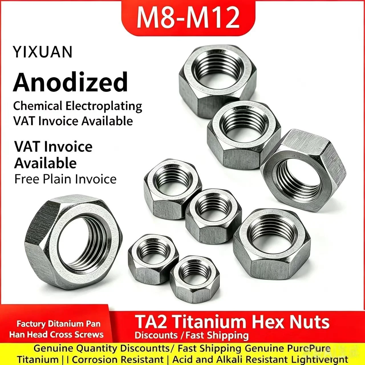 Pure Titanium Gr2 TA2 DIN934 Hex Nut GB/T6170 Metric Thread Corrosion Resistant Lightweight Fastener For Industry Marine Aerospa