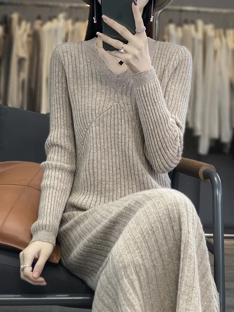 Cashmere Dress Woman\'s Clothes V-Neck Pullover Long Sweater Autumn Winter 100% Merino Wool Knitted Long Skirt Fashion Korean