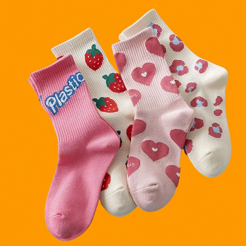 

4/8 Pairs Spring and Autumn Pink Letter Love Strawberry Socks Women's Fashionable All-match Japanese Cute Middle-tube Socks