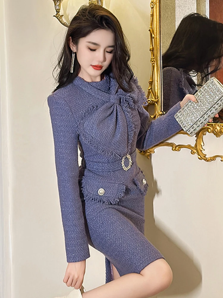 Women\'s Elegant Fashion Midi Dress for Woman Purple Tweed Bright Silk Tassel Belt Robe Professional Business Office Lady Vestiod