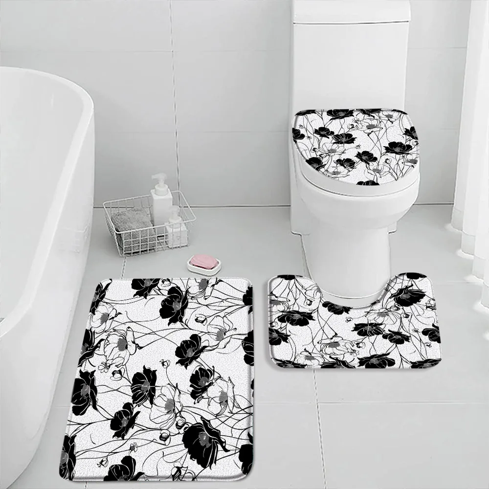 Simple Flowers Black White Bath Mat Set Floral Minimalist Bathroom Decor Abstract Modern Flannel Bathtub Rug Toilet Seat Cover