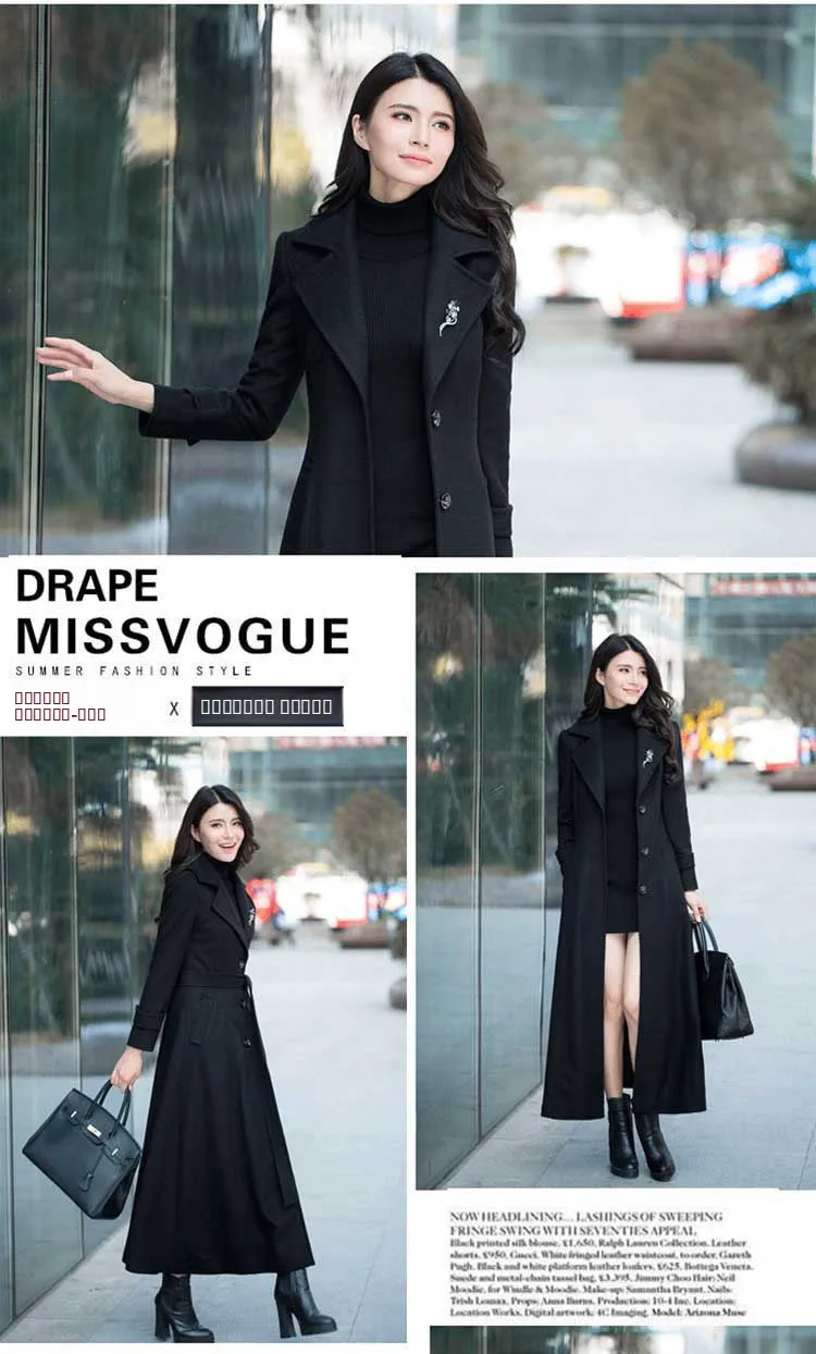 Over-Knee Thiened Woolen Coat Spring Autumn Winter Women's Slim Hepburn Sle Extra Long Windbreaker Faionable Businwoman