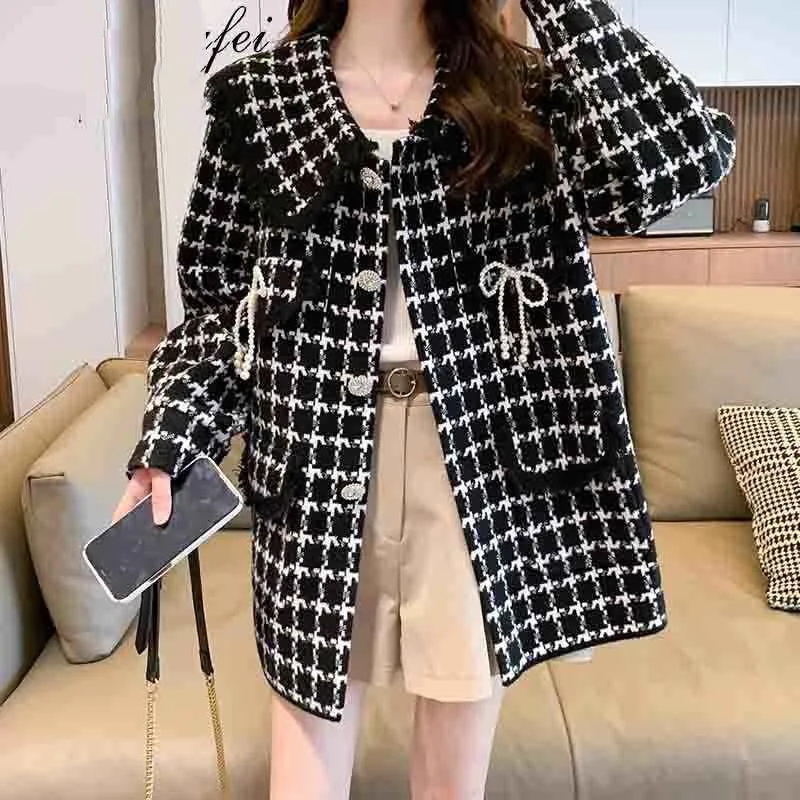 Thousand Bird Plaid Woolen Coat Women Autumn Winter 2026 New Mid Long Style Doll Collar Knitted Woolen Jacket Outerwear