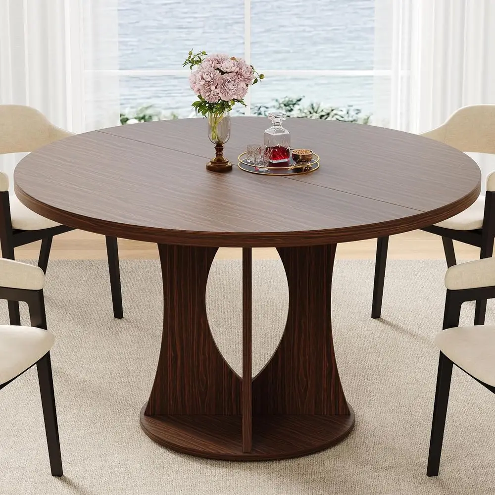 47 Wooden Round Dining Table for 4-6, Pedestal Base, Modern Kitchen/Dining Room, Dark Walnut Finish