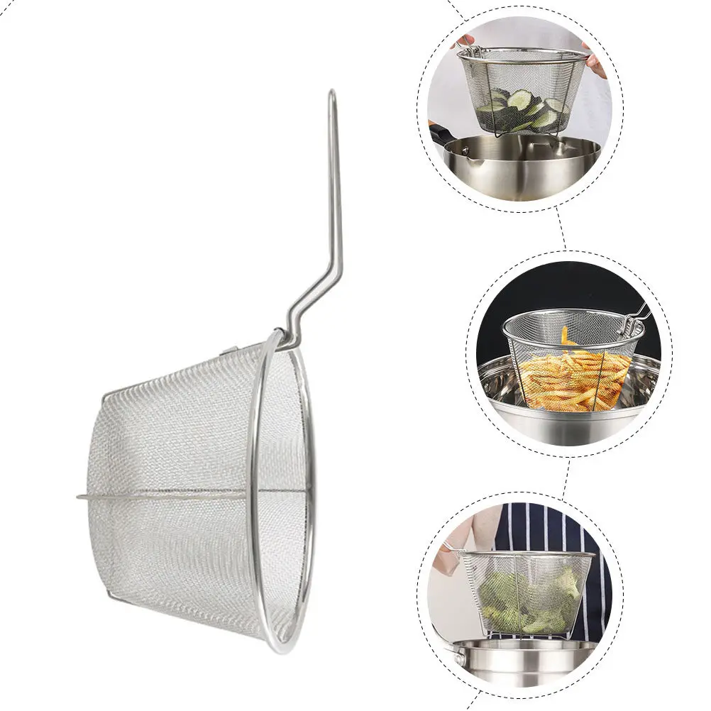 Stainless Steel Folding Fry Basket Heat Resistant Handle Easy Hold Store Quick Oil Drainage Frying Mesh Container for Kitchen