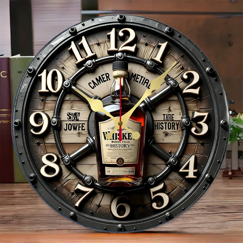 2D Flat Vintage Whiskey Wooden Round Silent Hanging Wall Clock, For Living Room, Office, Study Room, Bedroom, Home Decoration