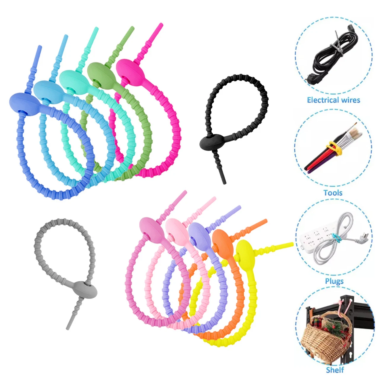 

5Pc 215mm Silicone Ties Adjustable Color Silicone Tie Self-locking Strap Storage Organize Winder DIY Keychain Jewelry Lanyard