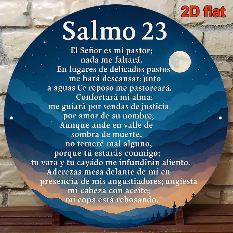 2D Flat, 1pc Round Spanish Psalms 23 Bible Verse Metal Wall Art - Elegant Dark Blue & Golden Scripture Plaque with Spanish & Eng