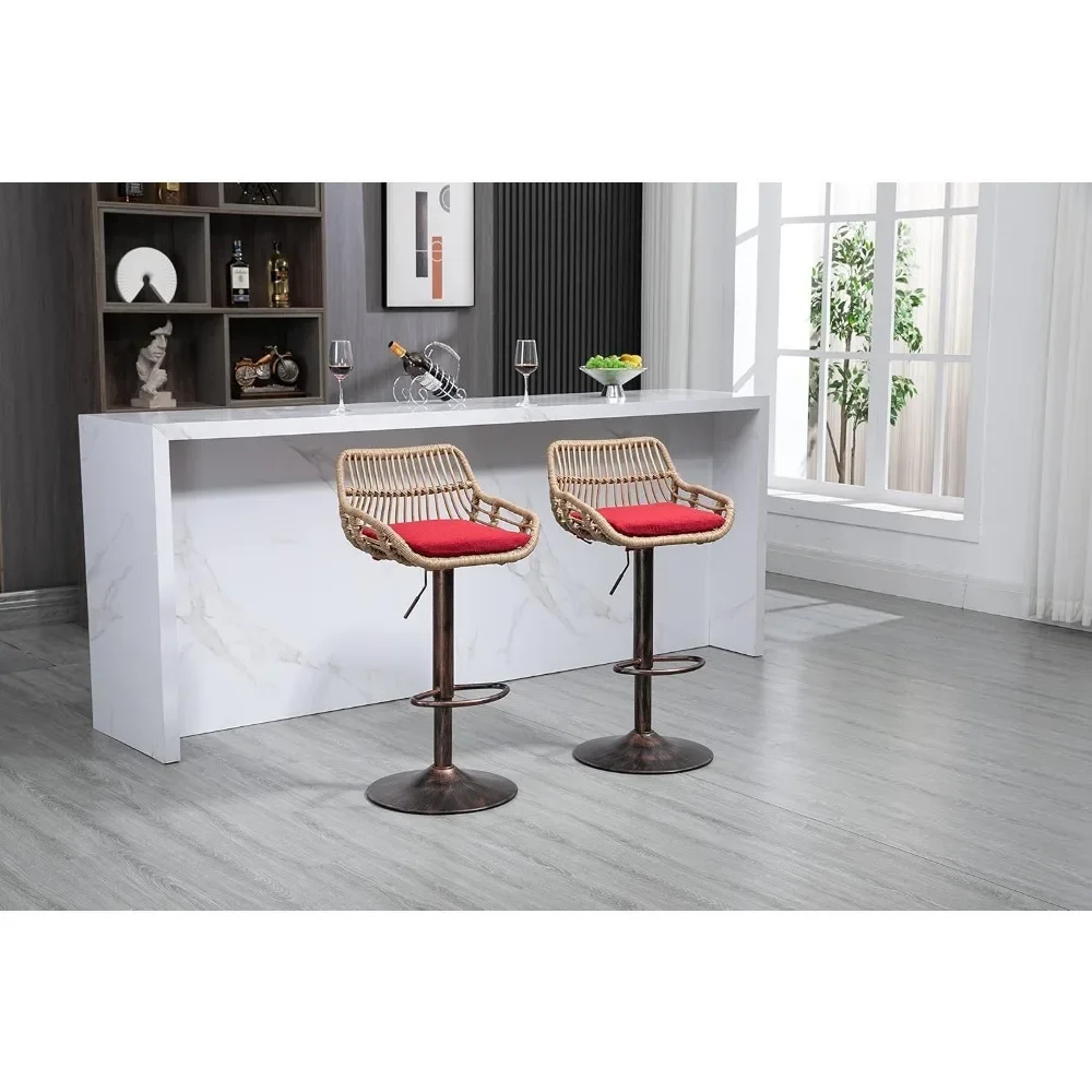 XMSJ-Rattan Bar Stool Set, ajustável Bar Stool com almofada de linho, 360 ° Baixo Encosto e apoio para os pés, Rotating Bar Stool, 2 PCs