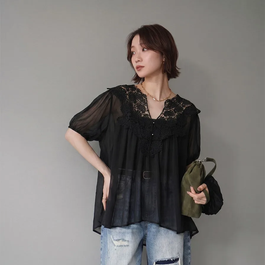 

Chic Korean Style Summer New Fashion V Neck See through Cover up Transparent Lace Top Women's Clothing Casual Loose Fit Hollo...