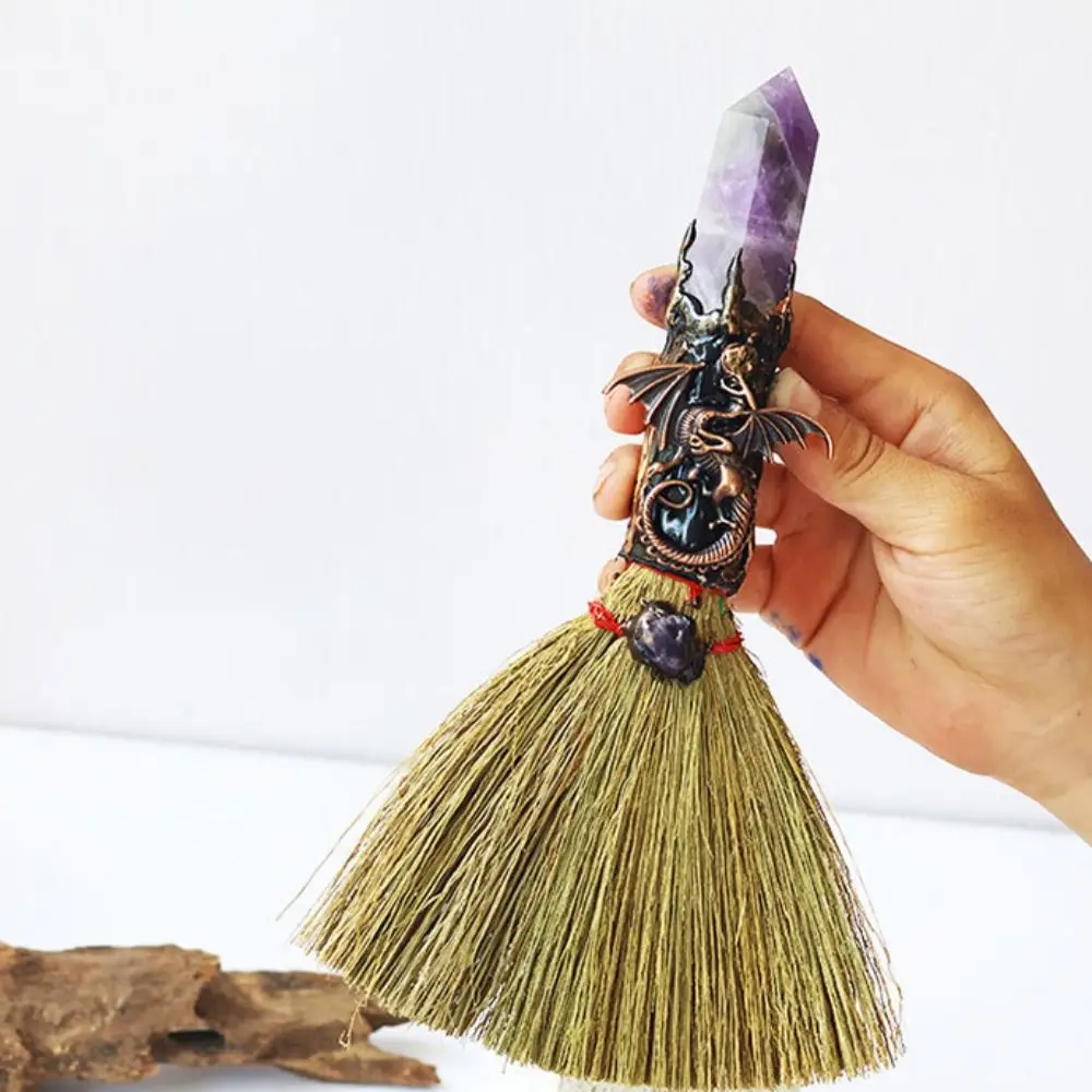 Exquisite Natural Crystal Column Point Stone Broom Handmade Mini Witch Broom Ornaments Rough Stone Broom Craft Psychic