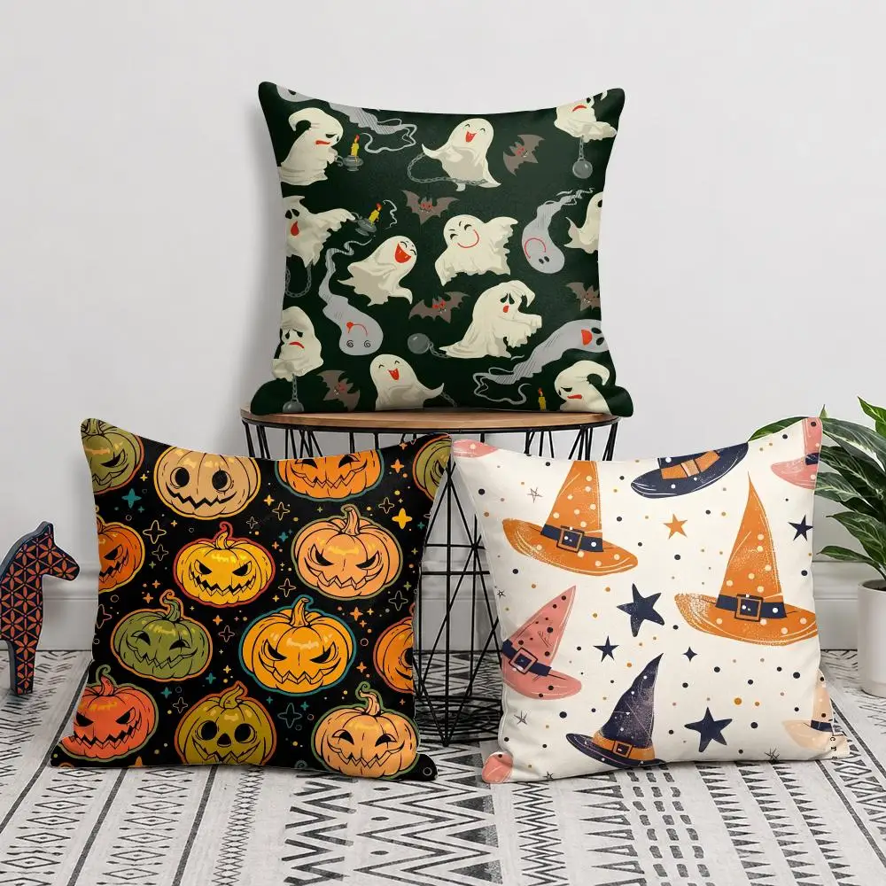 Halloween Witch Hat Cushion Cover Short Plush Soft Double-Sided Printing Pillow Case Cozy Sofa Bedroom Home Decor Gift