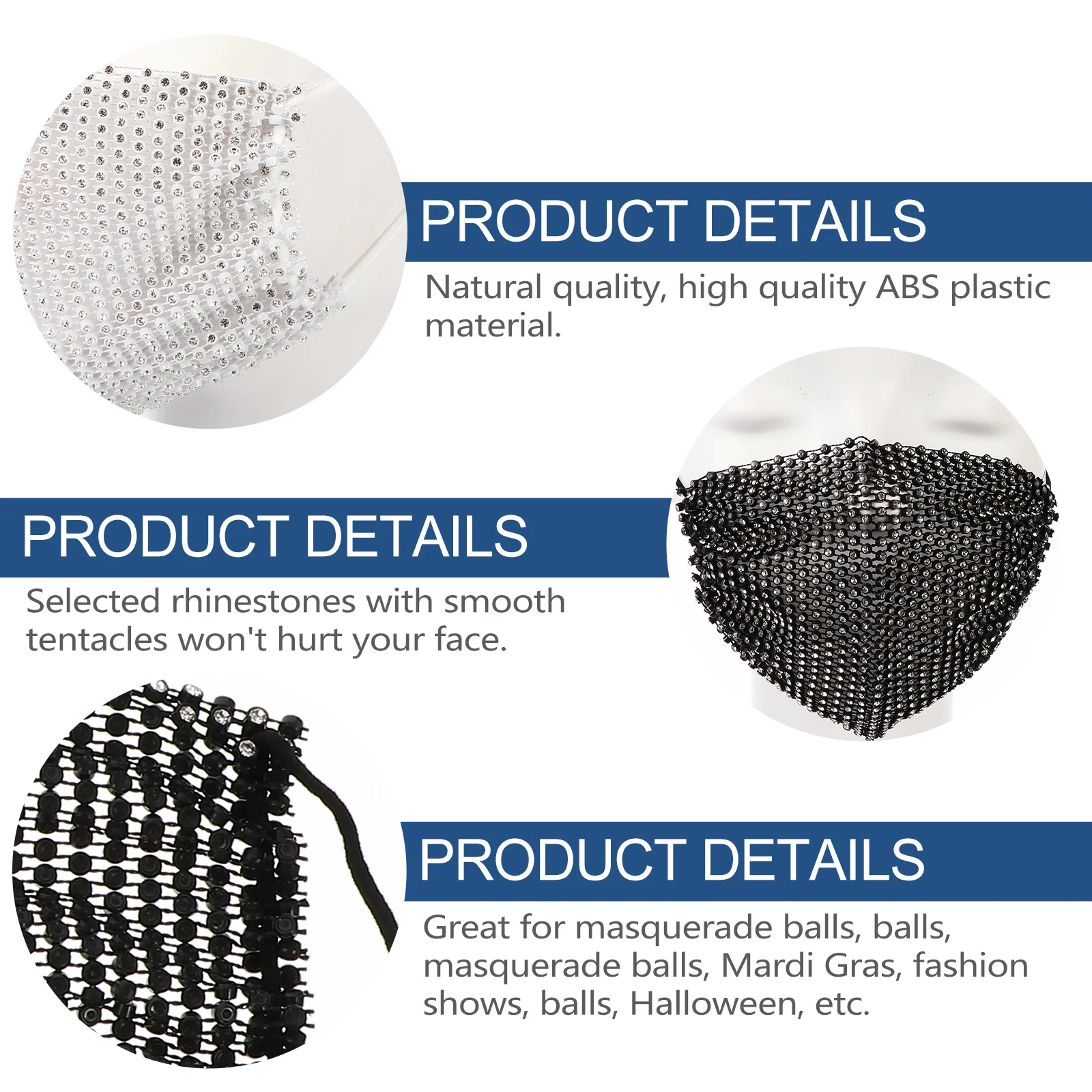 Máscara de diamantes de imitación de 3 uds., Material Abs de calidad Natural, ropa suave y cómoda para baile de máscaras, Mardi Gras, fiesta de Halloween