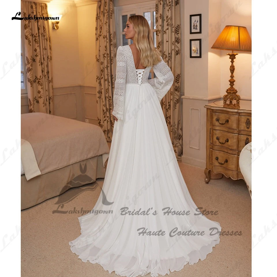 Lakshmigown Hippie Lange Mouwen Een Lijn Boho Trouwjurken 2023 Hochzeit Civiele Bruids Chiffon Strand Jurk Lace Up Back