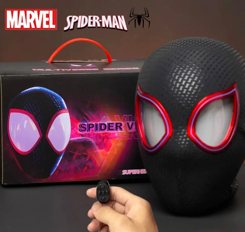 Direct leverbaar: 1:1 schaal Miles Morales Spider-Man elektronisch masker met bewegende, oplichtende ogen, ringbediening, cosplay speelgoed, cadeau voor jongens