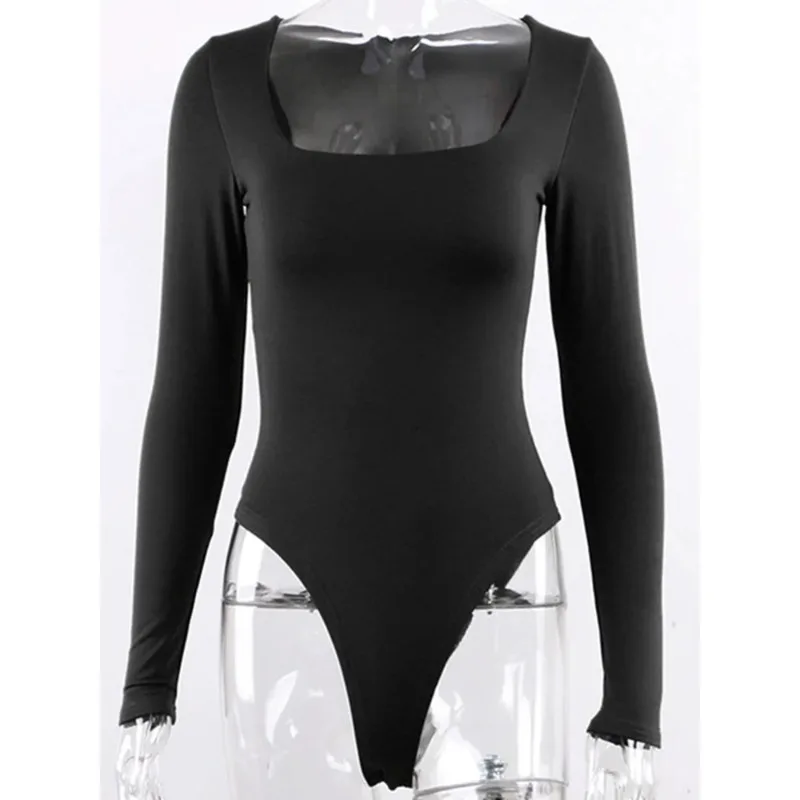 Bodysuit Long Sleeve Women Body streetwear dropshipping Sexy Bodycon Square Neck Sheath Crotch Basic Black Overalls Top