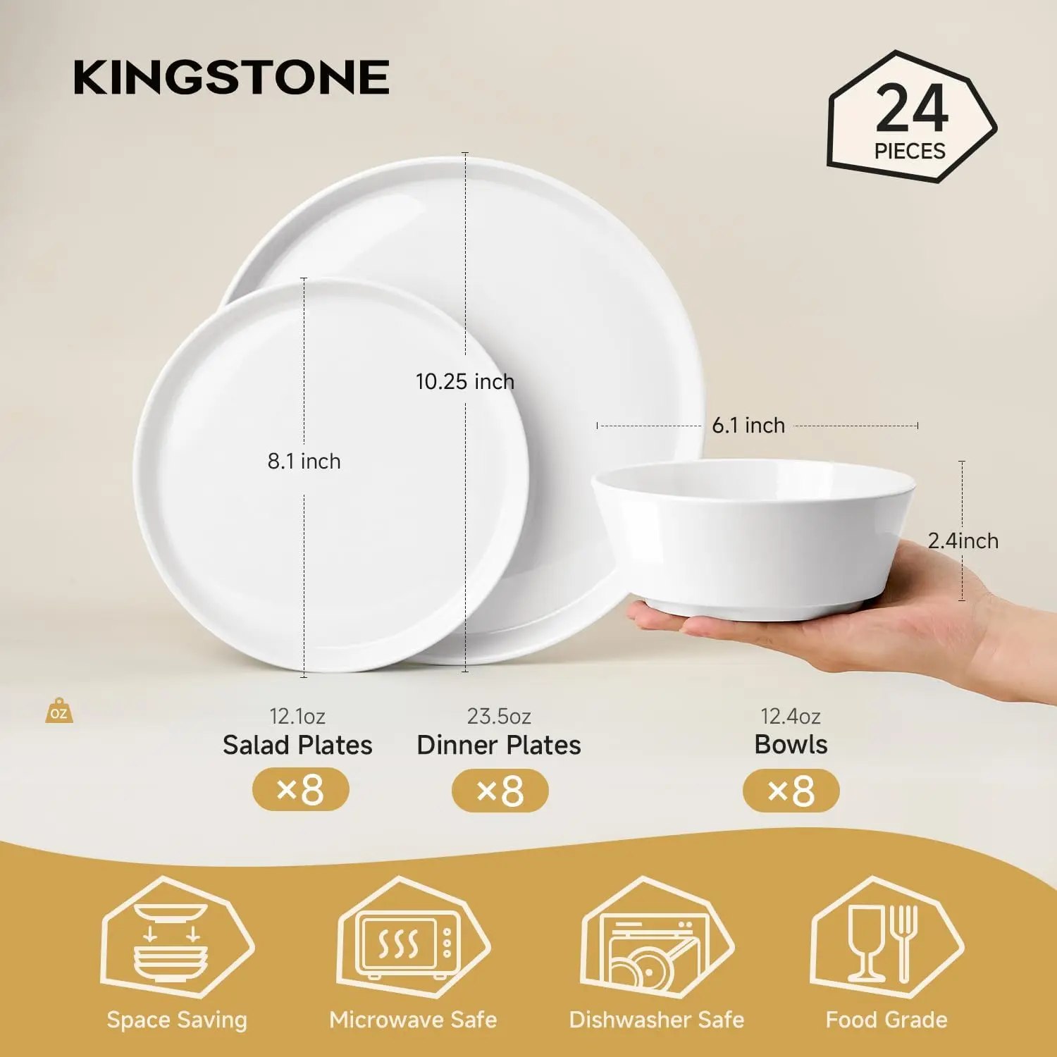 White Bone China Dinnerware Set, 24 Pieces