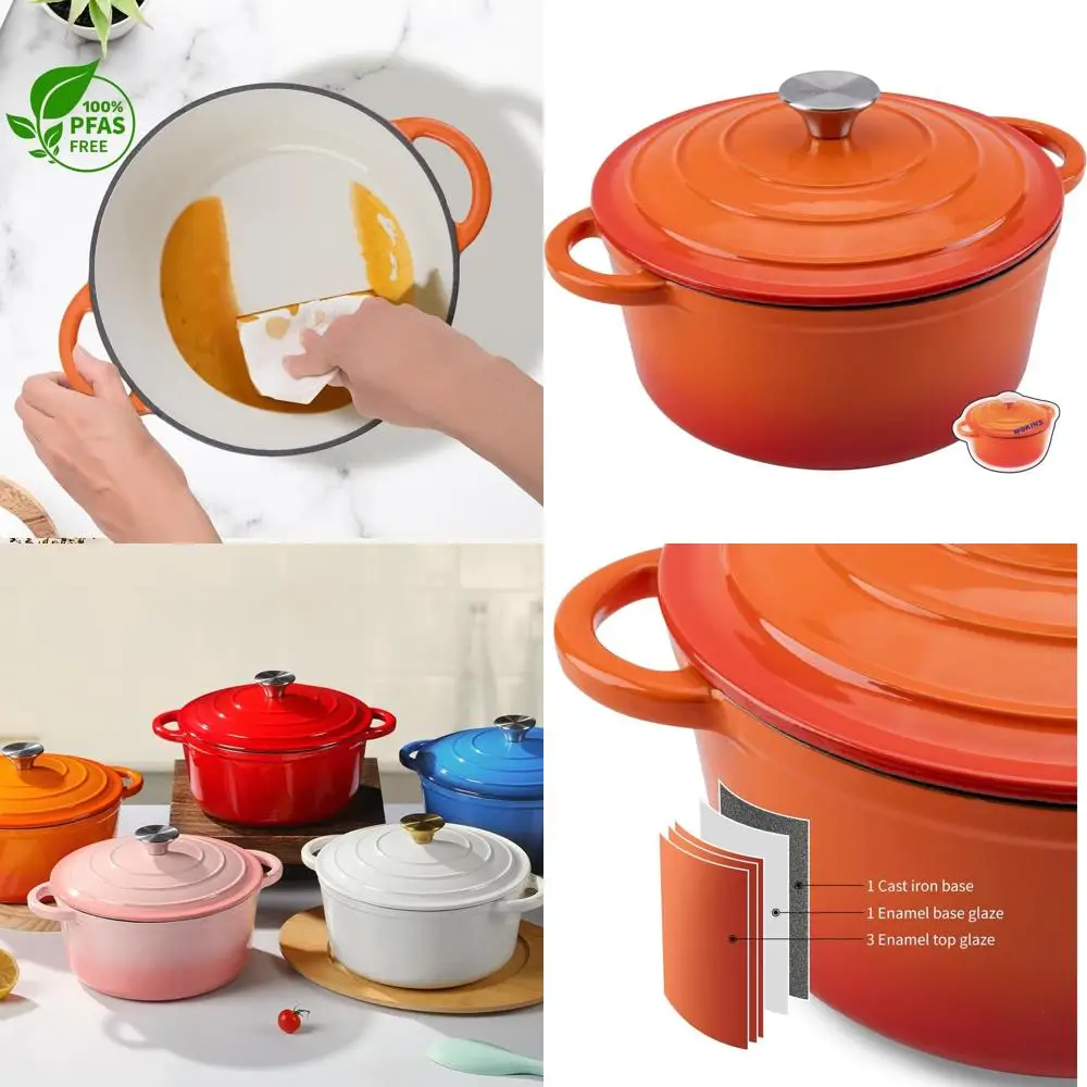 

Orange 4-Quart Enamel Cast Iron Dutch Oven with Lid, Ideal for Baking, Braising, Stews, and Roasting, Oven Safe to 500°F