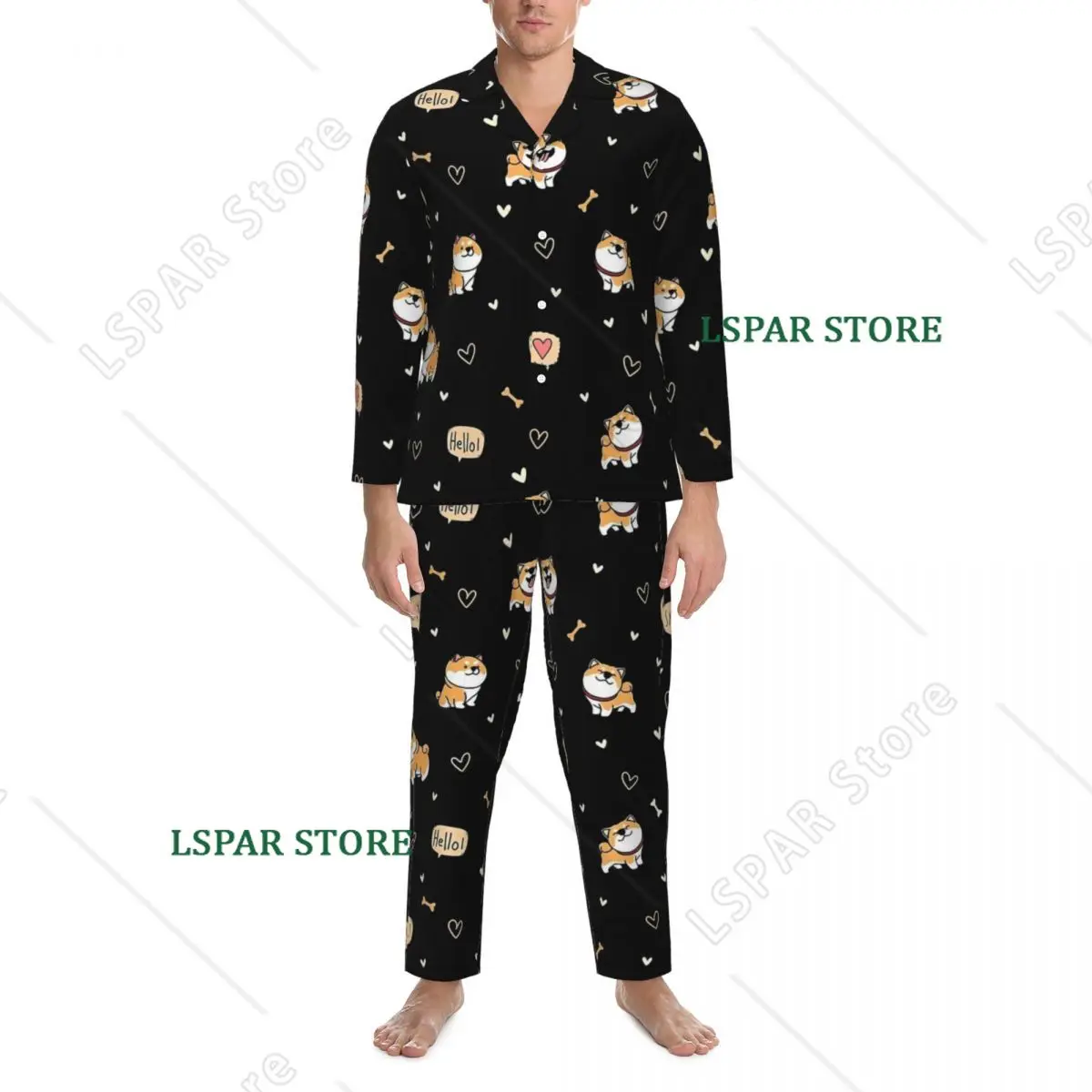 Pajamas Male Cartoon Shiba Room Sleepwear Funny Animal 2 Pieces Casual Loose Pajama Sets Long Sleeve Warm Oversize Home Suit
