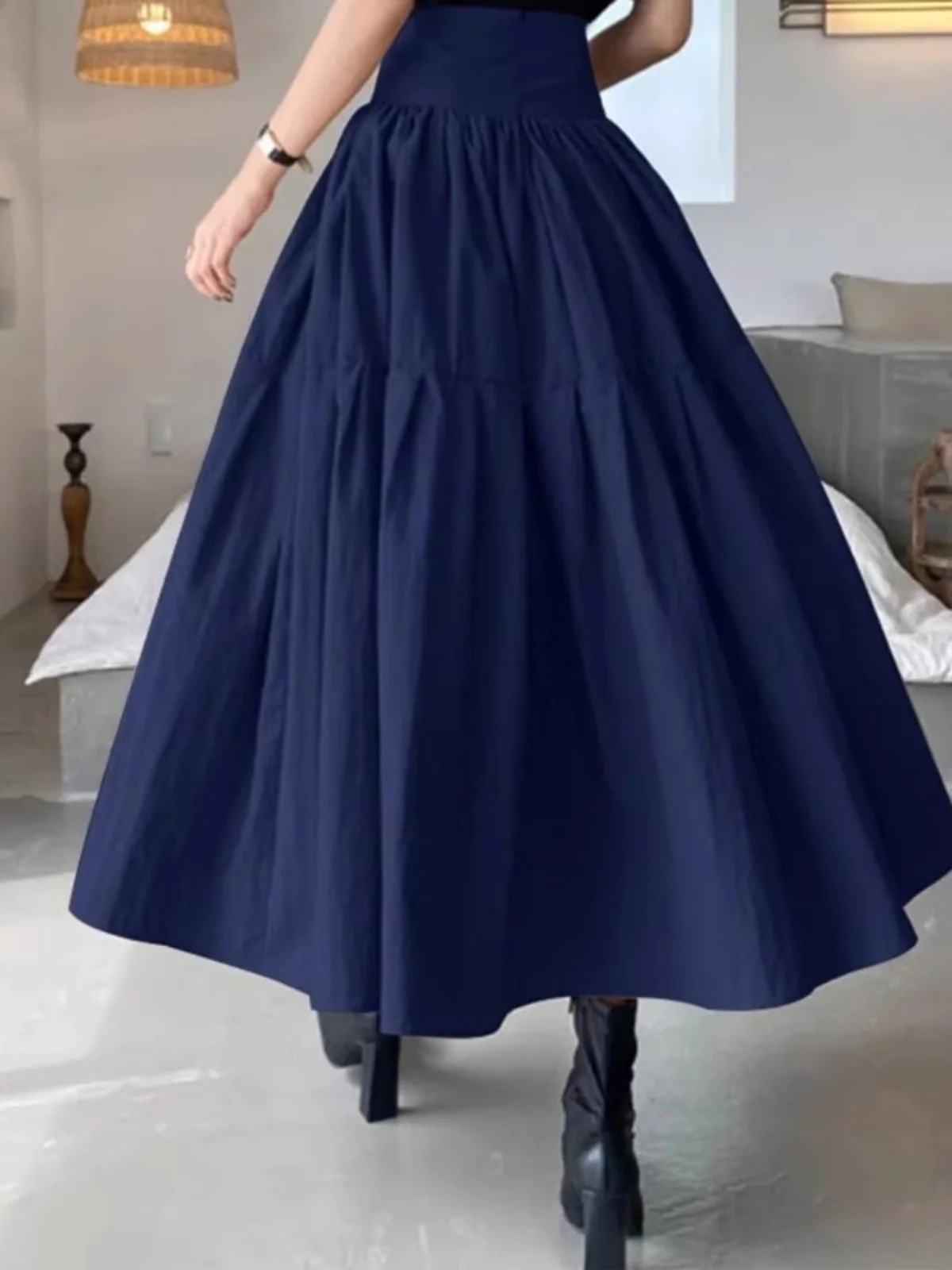 

Women's High Waist Pleated Skirt Color A-Line Umbrella Skirt Street Sle Polyester Fiber Midi Skirt Spring Season