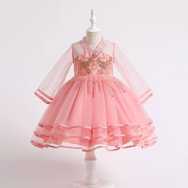 Sonder Korean Style Long Sleeves Flower Girl Dresses Classic V-neck Lace Birthday Party Ball Gown Customized