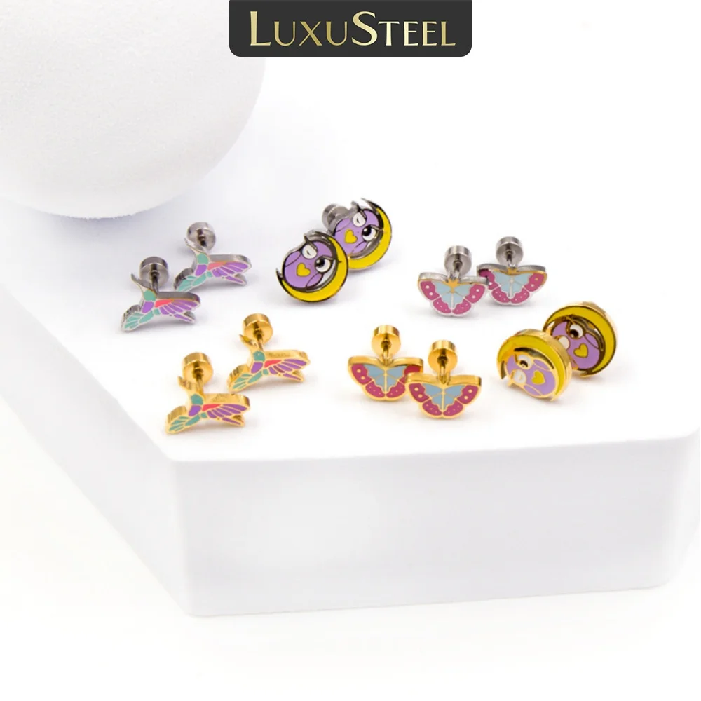 Luxus Stahl Edelstahl Schmuck Schraub stopfen 0,8*8mm Schraube Nadel Mond Eule gemischte Farbe Ohrringe Gold geeignet für Frauen