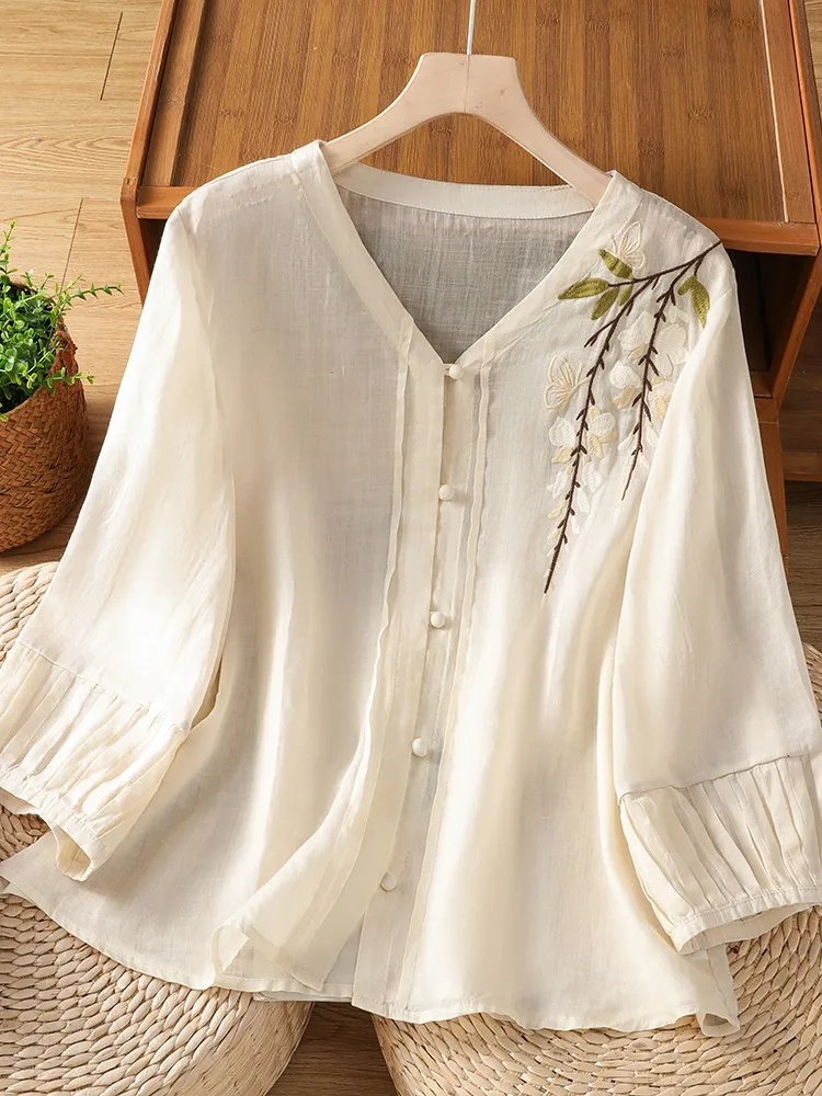 

New Chinese Style Embroidered Cotton Linen Shirt Women Summer Lightweight Breathable High End Feeling Linen Three Quarter Sle...