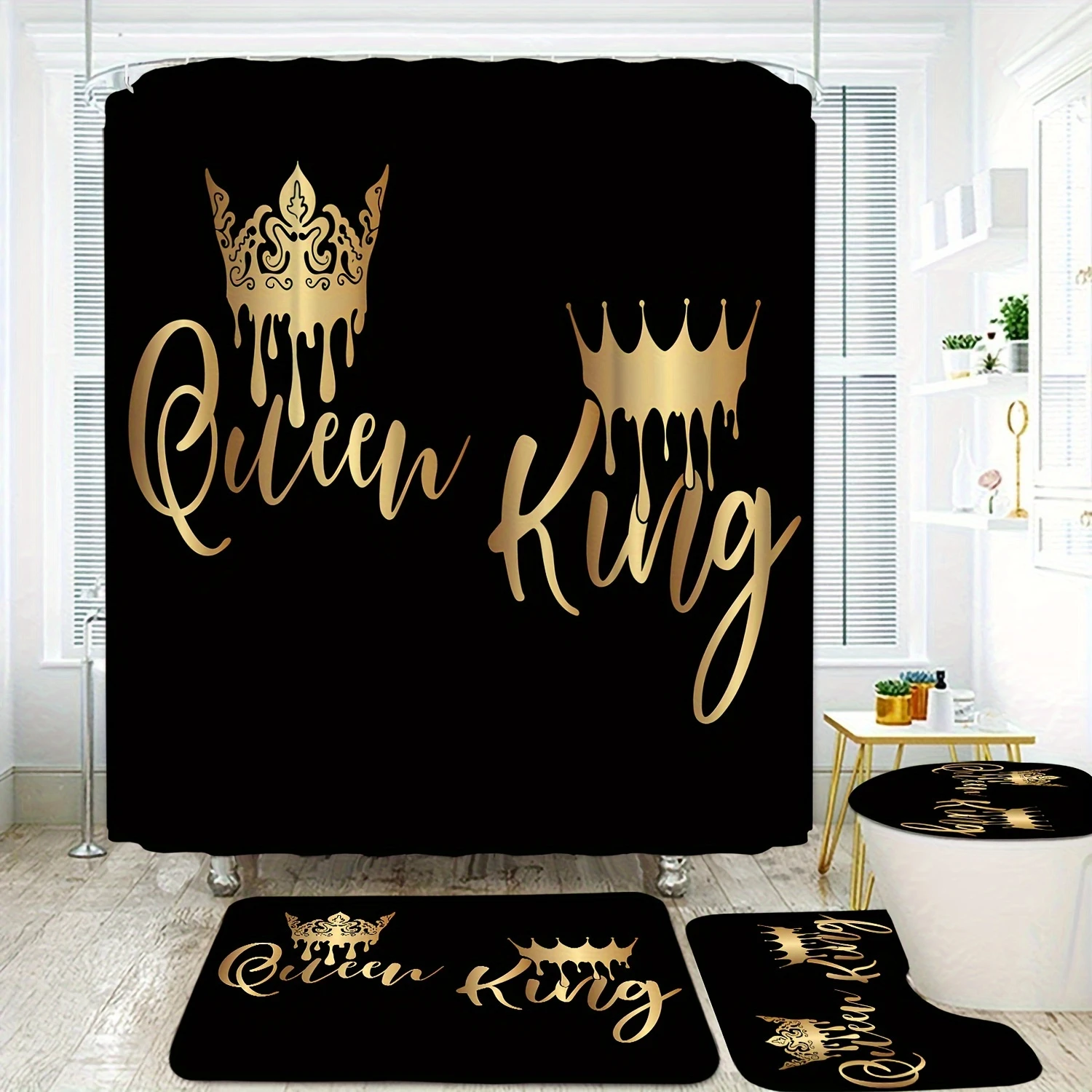 Crown Letter Patroon Douchegordijn Set, Waterdicht Badgordijn Met, U-vormige Mat, Toilet Cover Mat, L-vormige Mat, Badkamer A