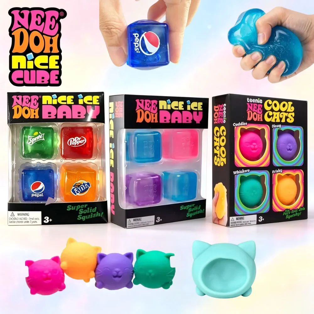 2026 New NeeDoh Mini 4 Pack Nice Cube Squishy Squeeze Fidget Toy Portable Sensory Anti‑Anxiety Stress Relief Desk Toy