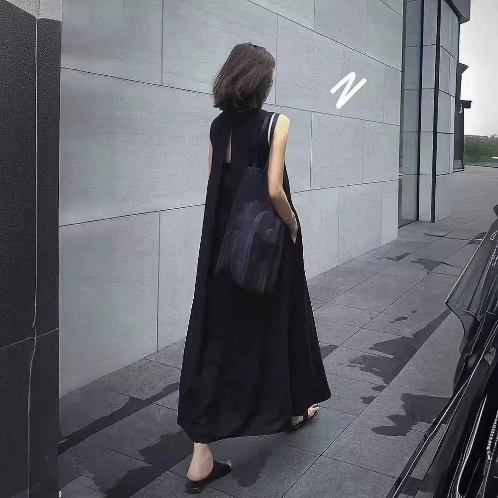 

Solid Summer Sleeveless Dress Hollowed Out Round Neck Vocation Vest Dresses Beachwear Simple Open Back Long Dress Ladies