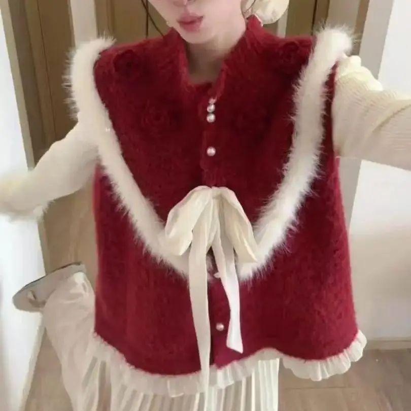 

Japan French Gentle Style Three-Dimensional Flower Knitted Vest Early Spring New Hot Style Versatile Layered Bow Sweater Vest