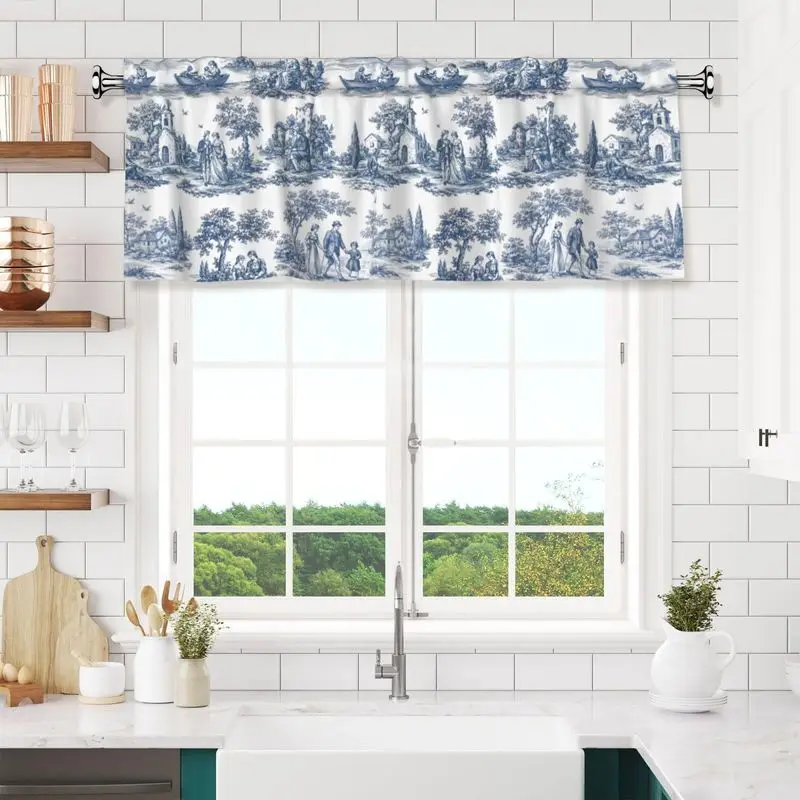 VIKAMA French Toile Valance Blue White Country Scene Figure Tree Print Kitchen Window Curtain For Living Room Bedroom Home Decor