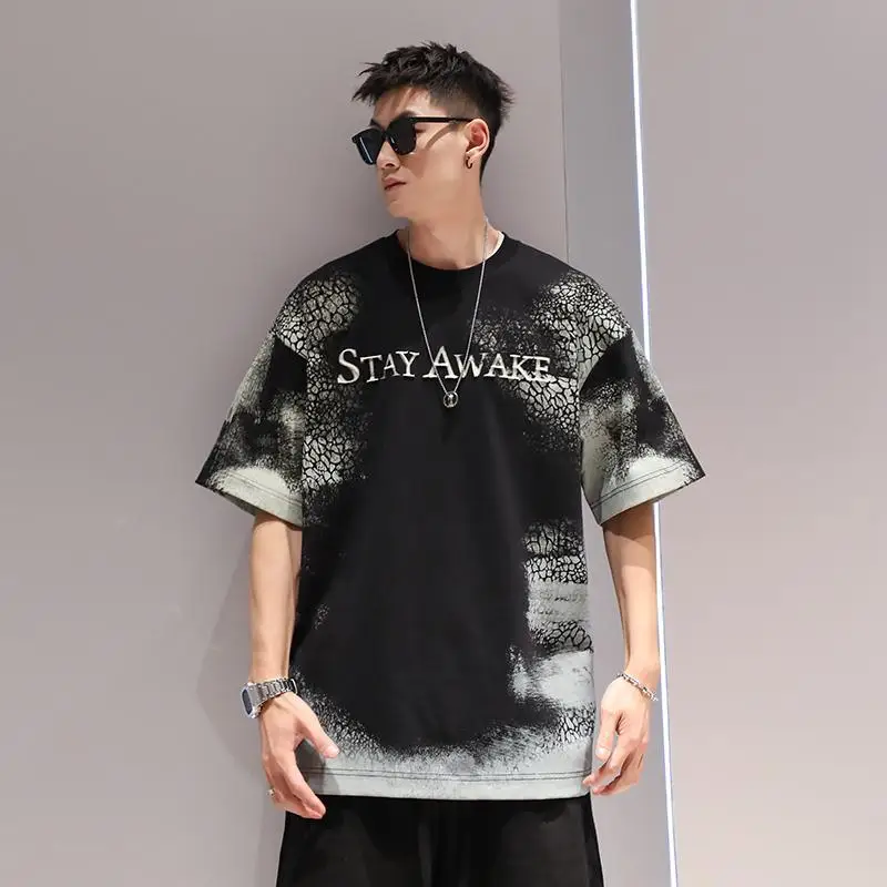 Pure cotton oversized scale pattern retro T-shirt for men's summer thin style trend loose and fat adding versatile short sleeves