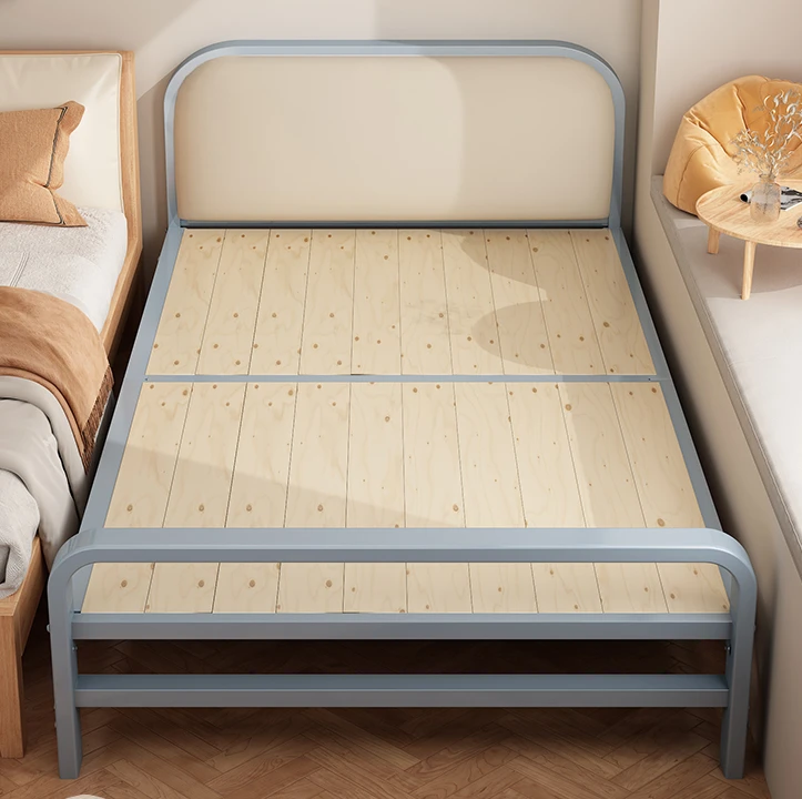 Folding bed, household solid wood bed board, portable single bed, office simple adult lunch break, 1.2-meter iron frame bed