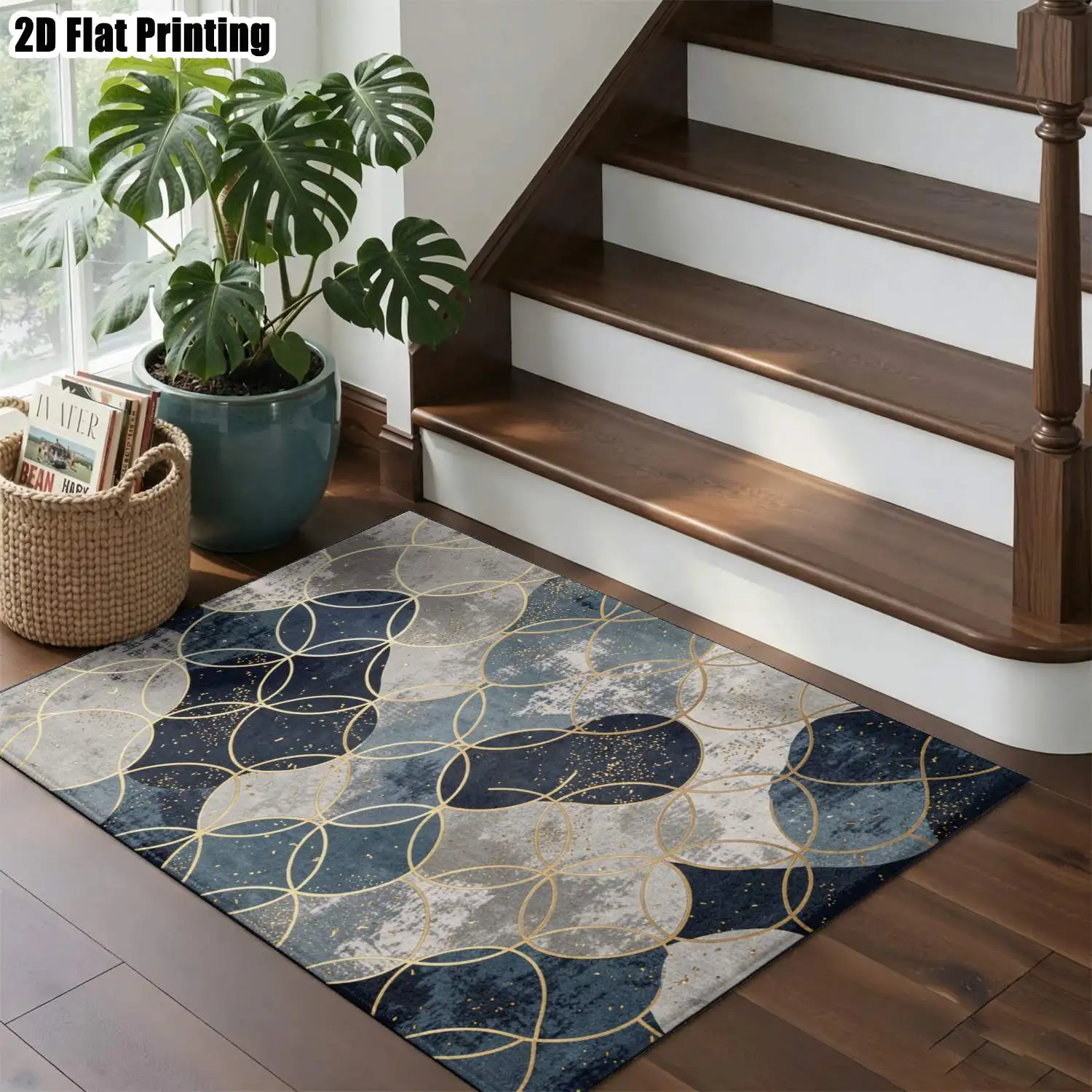 1Pc 2D Printed Carpet: Blue-Grey Geometric Circle Patterns, Nordic/Instagram/Modern Minimalist/European/Vintage Style, Multi-Size, Machine Washable, Suitable for Entrance, Dining Room, Foyer, Living Room, Bedroom, Study as a Floor Mat/Home Decor