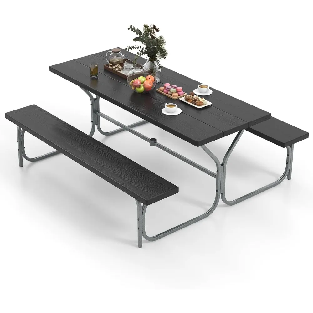 

8-Person Large Picnic Table with Metal Frame, HDPE Top, Built-in Benches, and Umbrella Hole