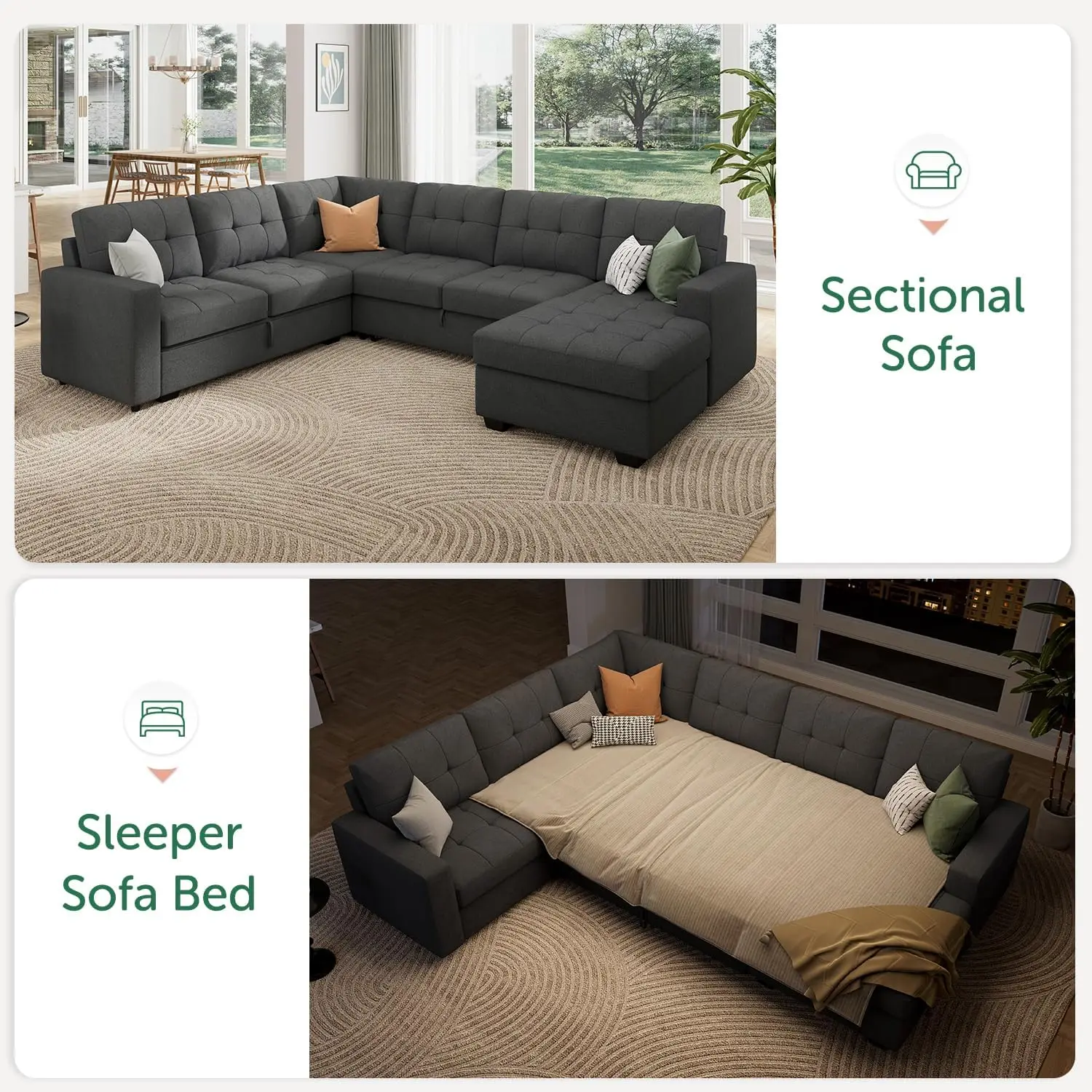 Sectional Sleeper Sofa Pull Out Bed with Storage, Sleeper Sectional Sofa Couch, Sectional Sleeper Bed for Living Room, Dark Grey image 5