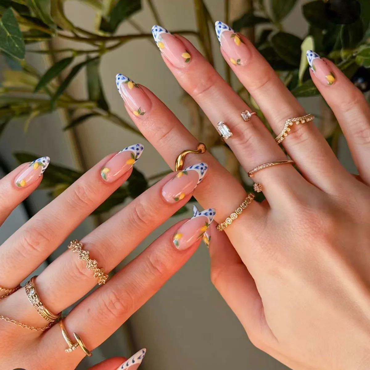 

10 шт. ногти ручной работы с цветочным принтом - синий и желтый цветочный дизайн, элегантные художественные принадлежности для ногтей