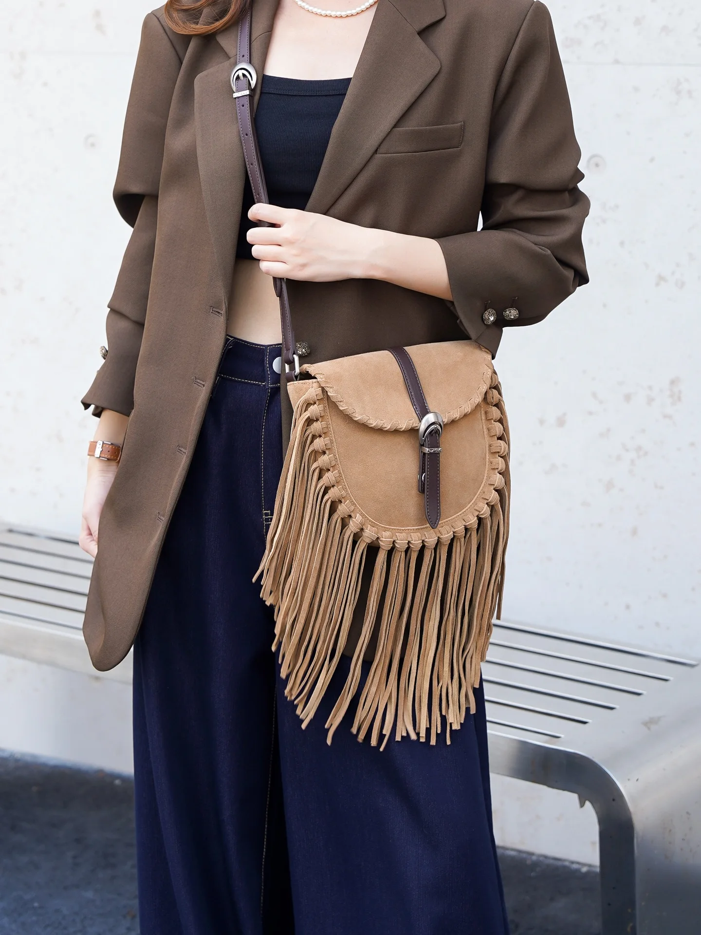 

Genuine Grade Suede Leather Women Shoulder Crossbody Fringe Bag Luxury Designer Brand Ladeis Underarm Bag for Woman Cowhide New