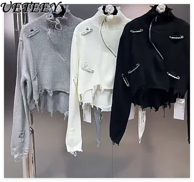 

2025 Autumn High Neck Sweater Women Long Sleeve Pin College Style Personality Streetwear Knitted Sweater Top Y2K Women Clothing