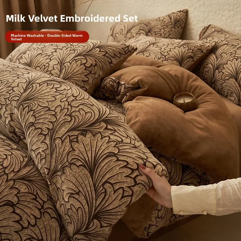 

2024 New Fleece Lined Thickened 3D Carved Milk Velvet Bedding Four Piece Set Autumn Winter Duvet Cover Sheet French Style