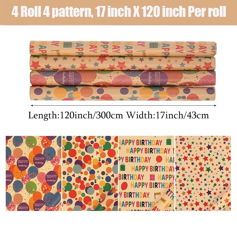 1 Roll 17 Inch X 120 Inch Birthday Wrapping Paper, Gift Wrapping Paper Roll, Kraft Wrapping Paper view 2