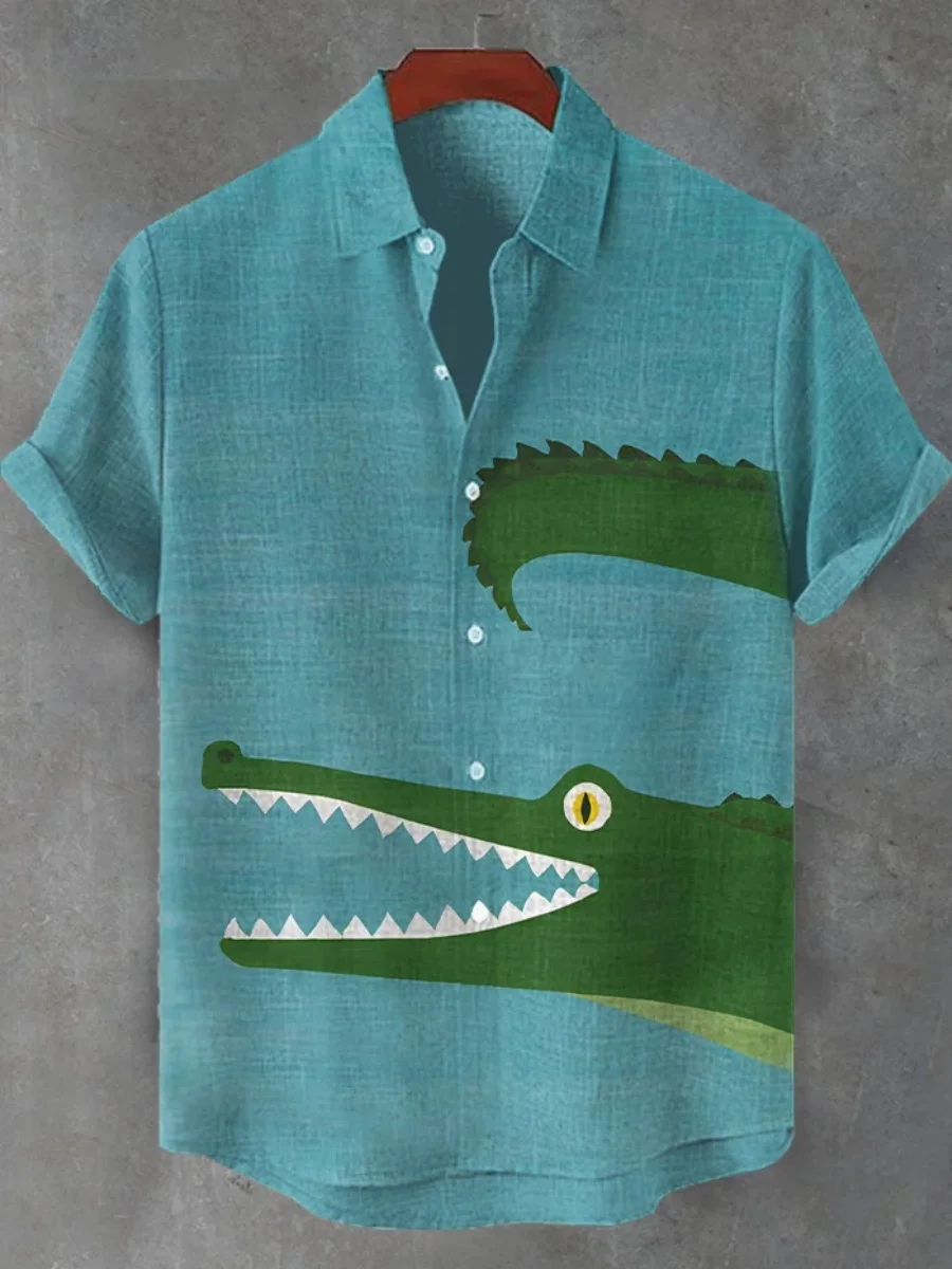 

Summer men's retro cartoon-themed linen printed shirt short-sleeved top, fashionable casual vacation street shirt