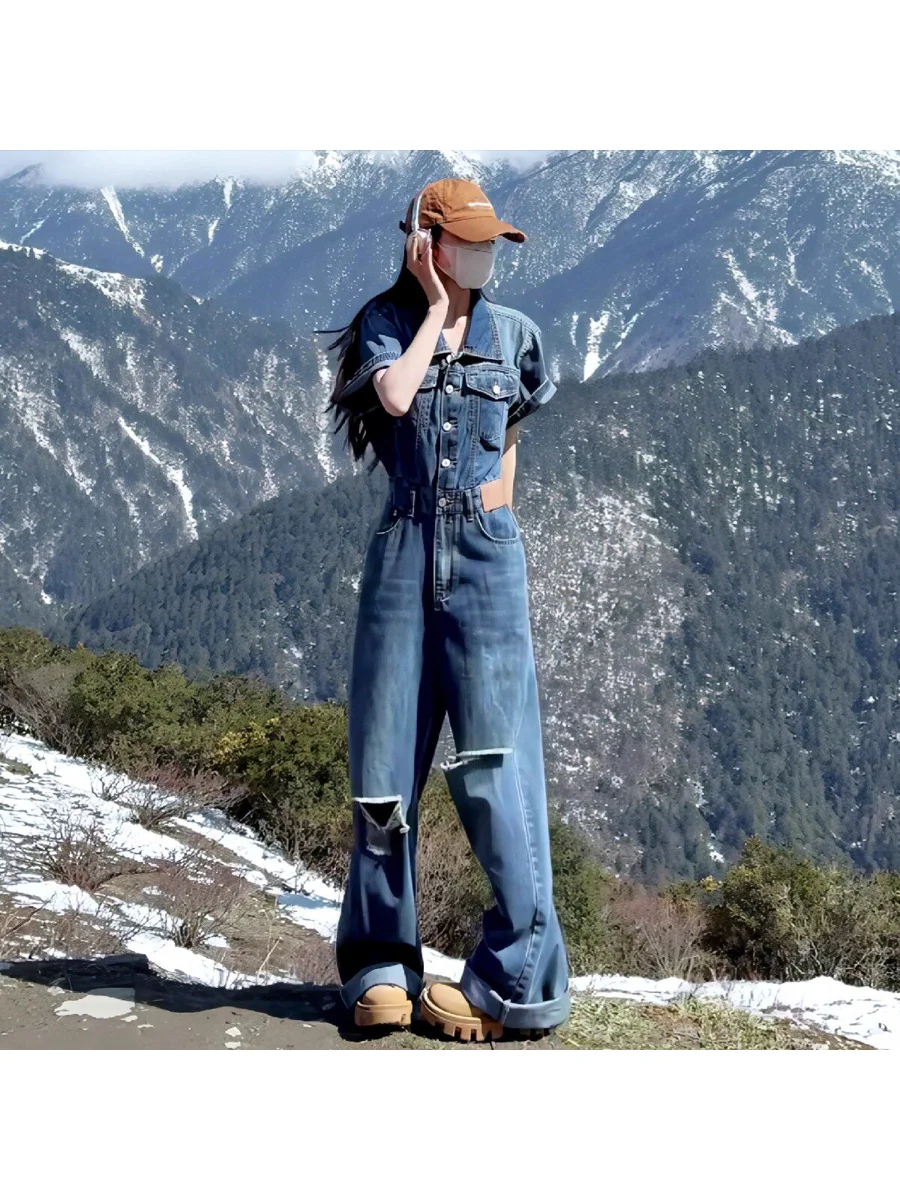 

plus Size Anti-Aging Vintage Ripped Denim Onesie Women's Spring Autumn New Slim Wide Leg Overalls Fat MM High Waist Wide Leg ...