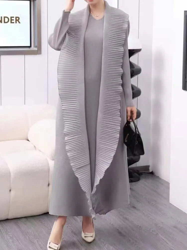 Miyake Pleated Ruffle 2 Piece Set Belt Long Trench Coat + Sleeveless Dresses Elegant Female Fashion 2024 Autumn New Clothing