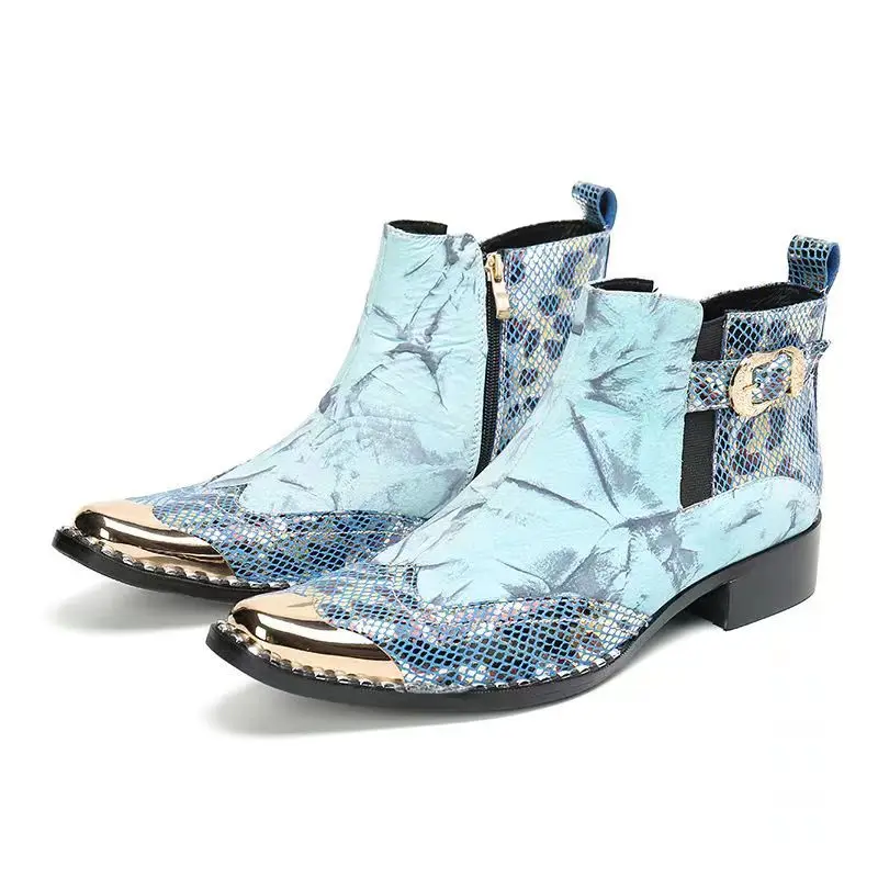 Coogerlove Punk-Stil Männer blau Echt leder Stiefel Metall quadratische Zehen Schnalle Niet Motorrad Stiefel Winter männliche Party Stiefel – Detail 21